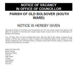 NOTICE OF VACANCY IN OFFICE OF COUNCILLOR PARISH OF OLD BOLSOVER (SOUTH WARD)