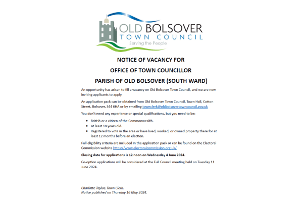 Notice Of Vacancy For  Office Of Town Councillor  Parish Of Old Bolsover (South Ward)